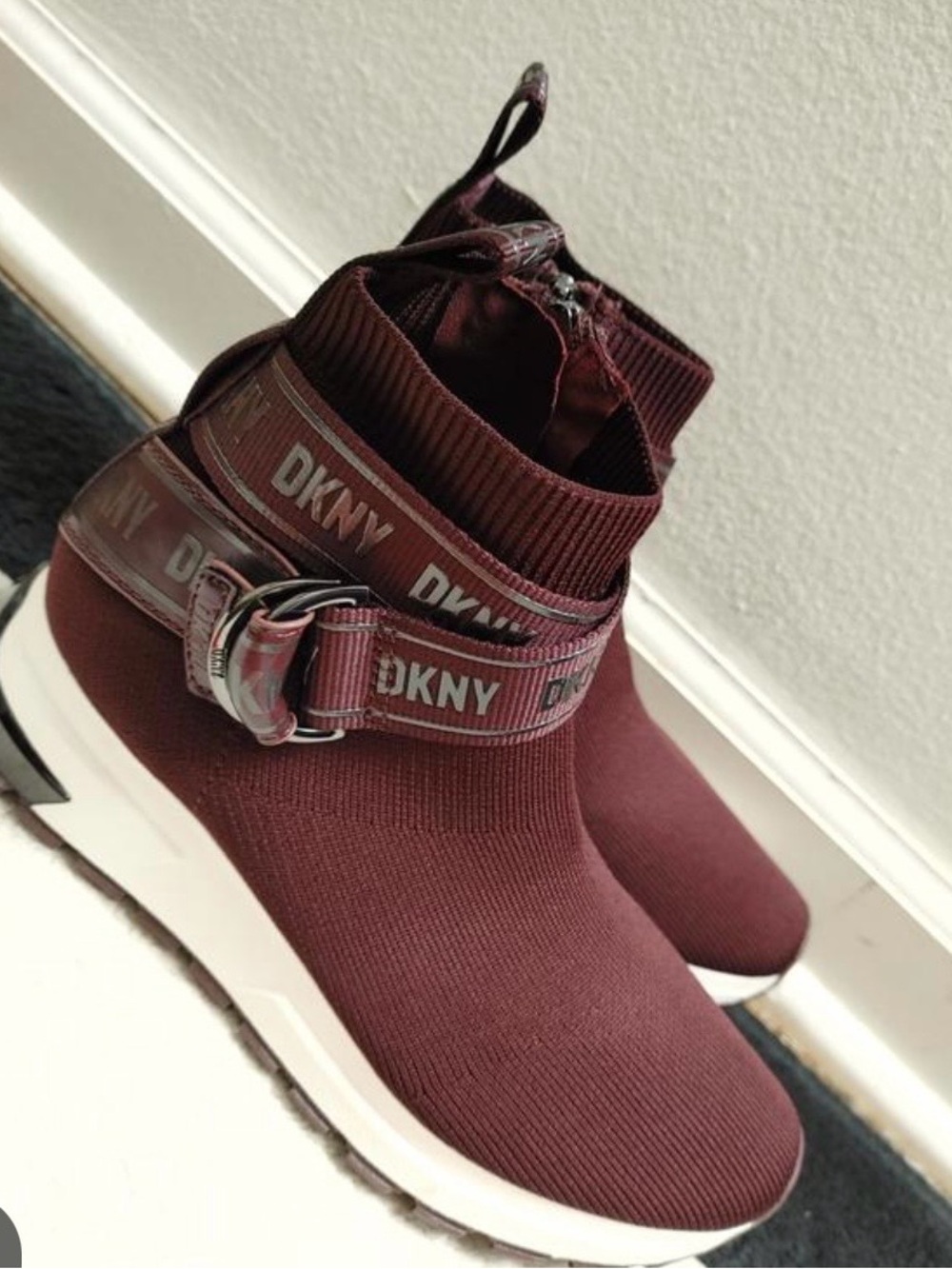 Donna Karan Maroon Sock-Style Sneakers with Branded Strap